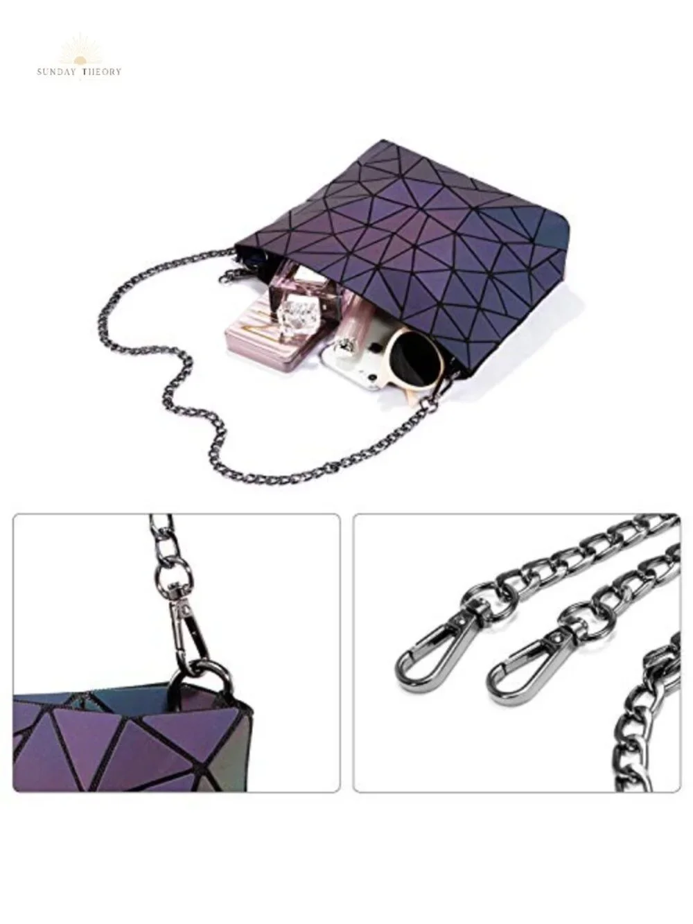 Geometric Reflective Crossbody Bag Set with Backpack and Wallet, Holographic